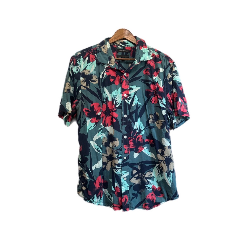 Banana Republic Floral Shirt Mens Large Teal Red Excellent Slim Fit Tropical